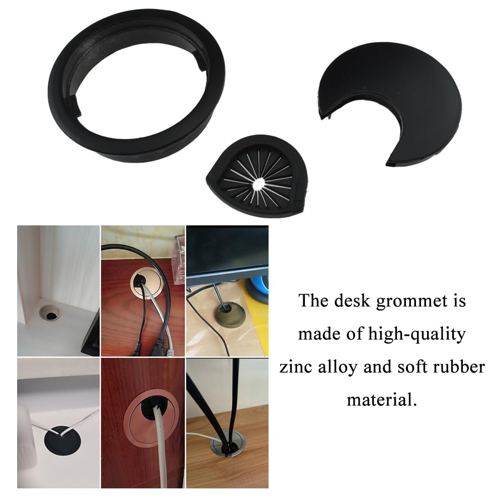 HAHIYO 2Pcs 2Inch/50mm Black Zinc Alloy Desk Grommet Wire Grommet Cable Management Cord Hole Cover Desk Wire Hole Insert Wire Organizer for Computer Office Home School Equipment Systems