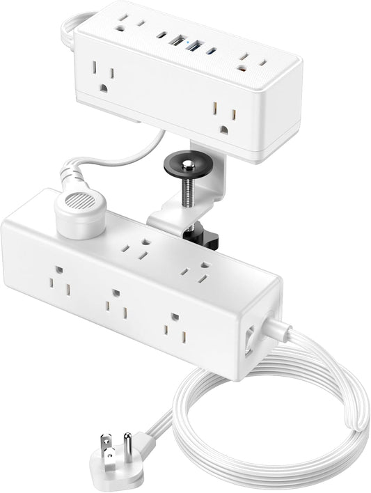 Dual Layer Desk Clamp Power Strip, 19 in 1 Desktop Edge Mount Surge Protector with 4 USB Ports(2 USB-C) & 15 AC Outlets, Ultra Thin Flat Plug & 15FT Power Cord for Office Home(ETL Listed)