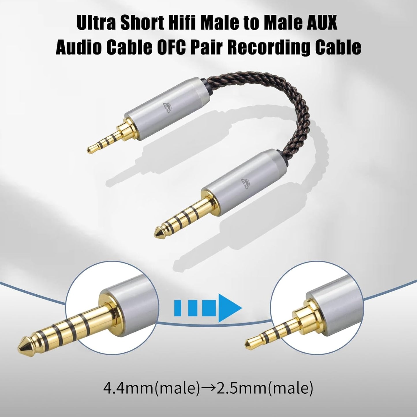 okcsc 4.4MM Male to 2.5MM Male Ultra Short Hifil Male to Male AUX Audio Cable OFC Pair Recording Cable Wire-Breakage-Prevention Design Adoption of 8-Core Braided Structure 5.82 inch