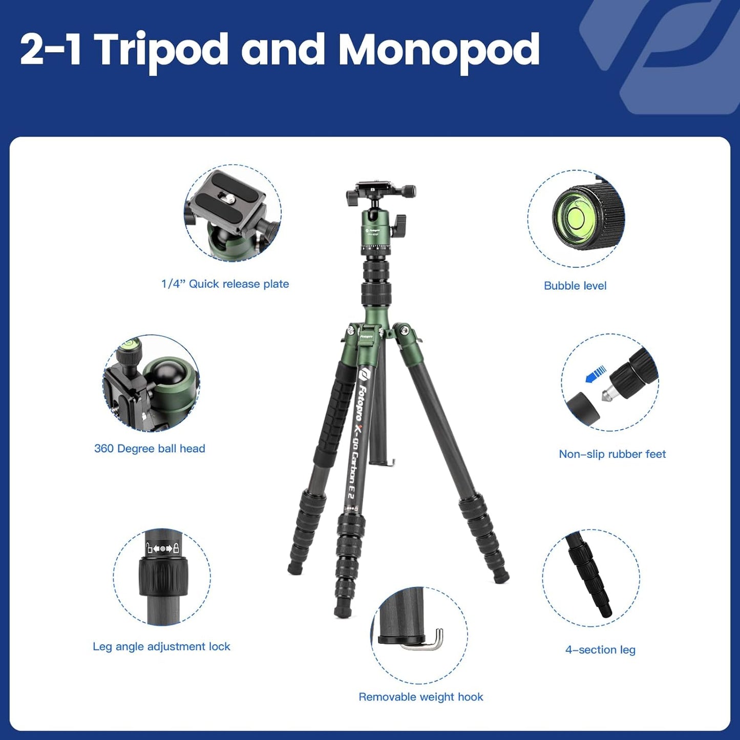 Fotopro 59" Carbon Fiber Travel Tripod, Compact Camera Tripod with Metal Ball Head, Detachable Monopod with Quick Release Plate and Bag, Load up to 8KG/17.63lbs