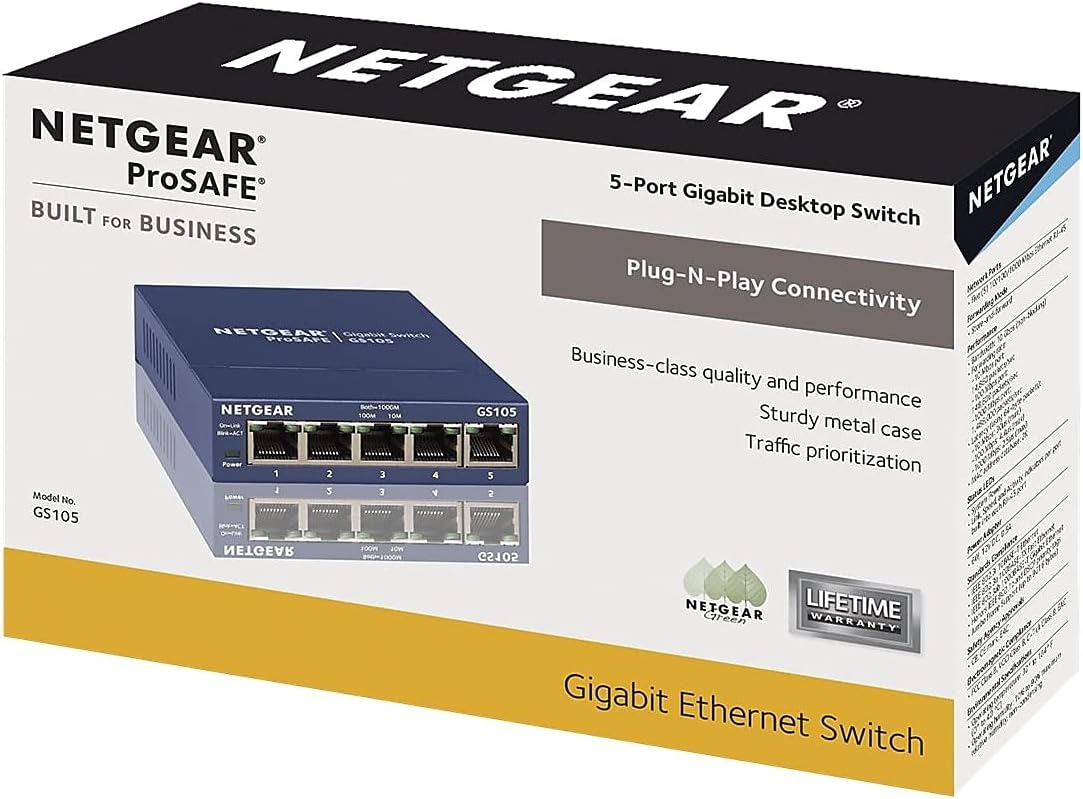 NETGEAR 5-Port Gigabit Ethernet Unmanaged Switch (GS105NA) - Desktop or Wall Mount, and Limited Lifetime Protection