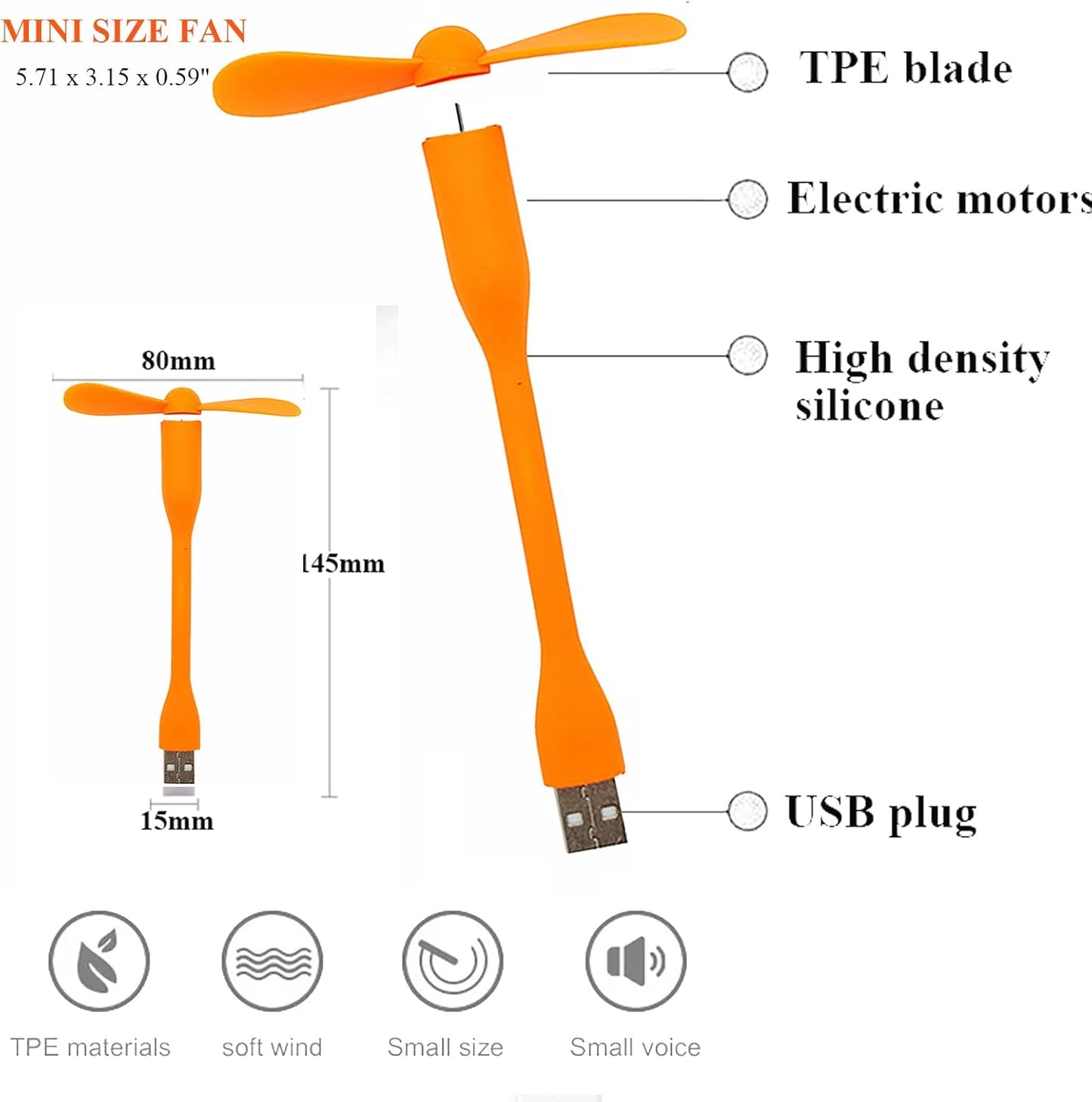 Mini USB Fan, Portable Pocket Fan USB-A Powered Little Cooler, Quiet Operation, for Home Office Car Outdoor Travel- 4 Pack (Orange)
