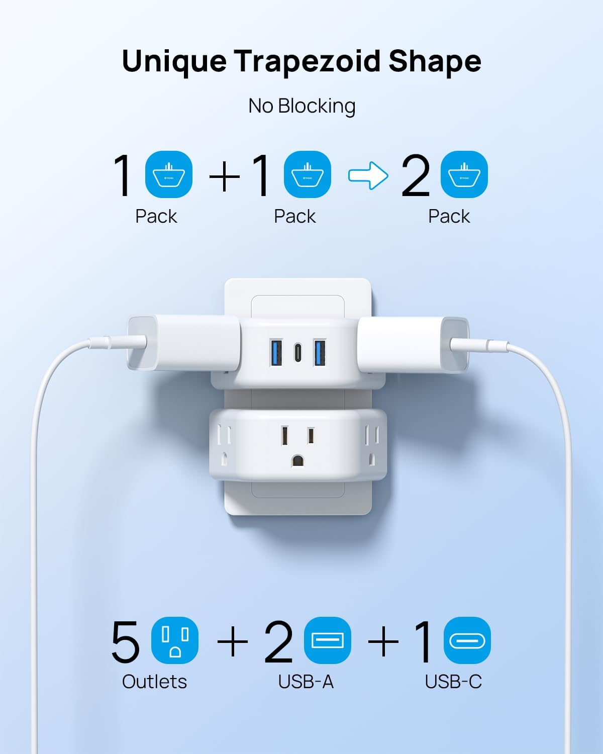 TROND Multi Plug Outlet Extender with USB - 2 Pack Wall Splitter, 3 Way Angled Outlet Adapter, Cruise Essentials, Small Multiple Expander for Cruise Ship Travel Home Office Dorm Room
