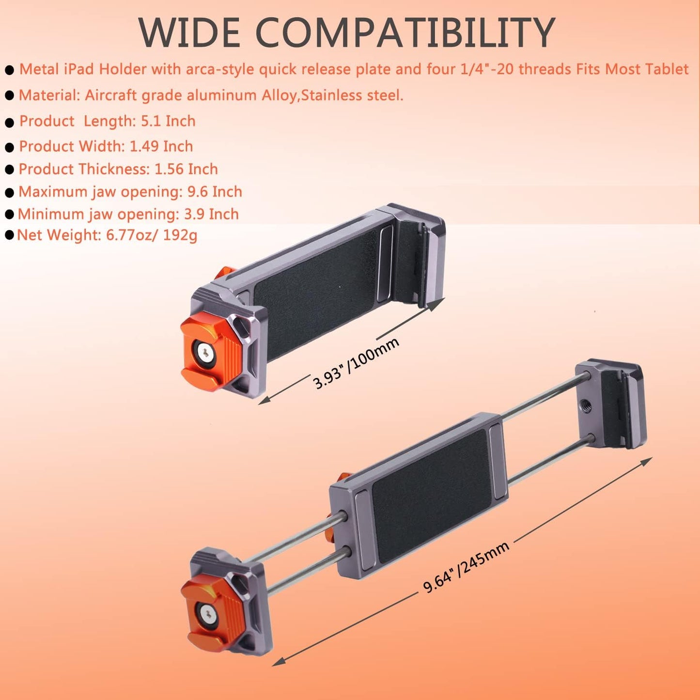 Metal iPad Tripod Mount Adapter, Tablet Holder with Rotatable Cold Shoe Mount - Compatible with iPad Pro, Air, Galaxy Tab, iPhone