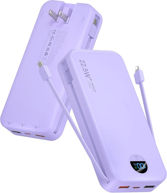 Portable Charger, 20000mAh 22.5W USB C Fast Charging Power Bank with Built-in Cables & Wall Plug, External Battery Pack with LED Display, Travel Essentials Compatible with iPhone, iPad, Samsung Purple