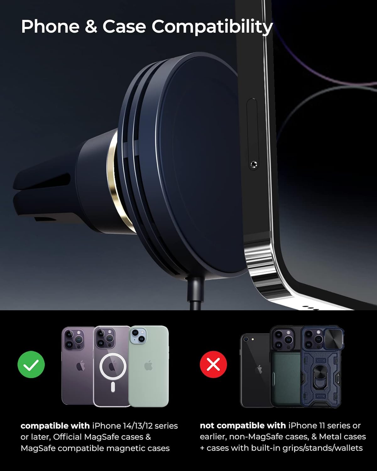 iOttie Velox Mini MagSafe Compatible Air Vent Car Mount in Midnight Blue with Wireless Charging. Compatible with MagSafe iPhones Including iPhone 12/13/14/15/16 Series (Car Charger Not Included)