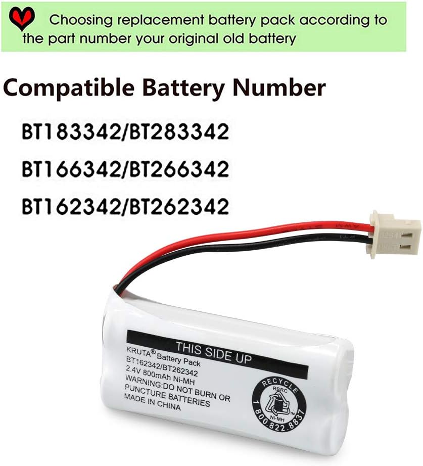 Kruta BT162342 BT262342 Cordless Phone Batteries Compatible with BT183342 BT283342 BT166342 BT266342 VTech CS6114 CS6419 CS6719 at&T EL52300 CL80111 Handset Telephone (Pack 6)