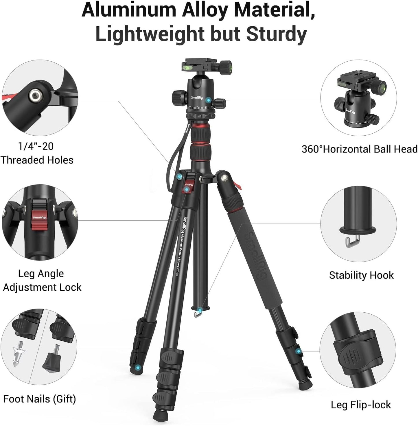SmallRig CT-20 Camera Tripod, 78.7" Foldable Aluminum Tripod & Monopod, 360°Ball Head Detachable, Payload 33lb (200cm/78.7")