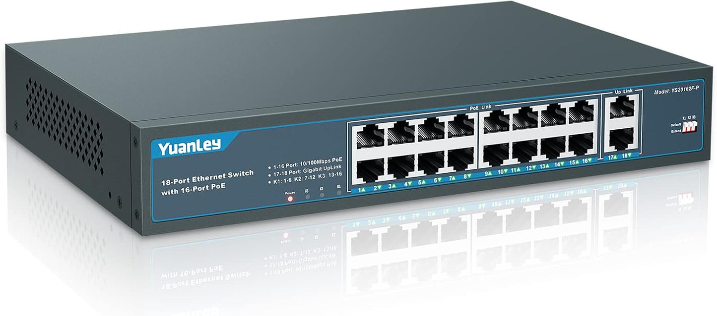YuanLey 16 Port PoE Switch with 2 Gigabit Uplink, 16 PoE+ Port 10/100Mbps Network Switch, 802.3af/at Compliant, Durable Metal with 250W High Power, Unmanaged Plug and Play