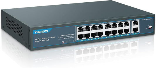 YuanLey 16 Port PoE Switch with 2 Gigabit Uplink, 16 PoE+ Port 10/100Mbps Network Switch, 802.3af/at Compliant, Durable Metal with 250W High Power, Unmanaged Plug and Play