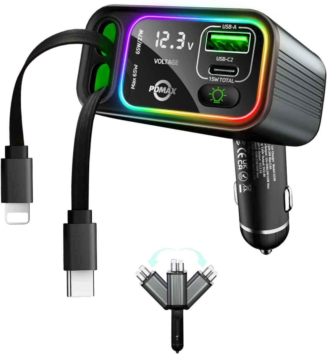 Retractable Car Charger USB C,107W Type C Car Charger Fast Charging with Dual Retractable Cable and USB Ports, Compatible with iPhone 16/15/14/13,S25/24/23/22, Pixel 9/8/7