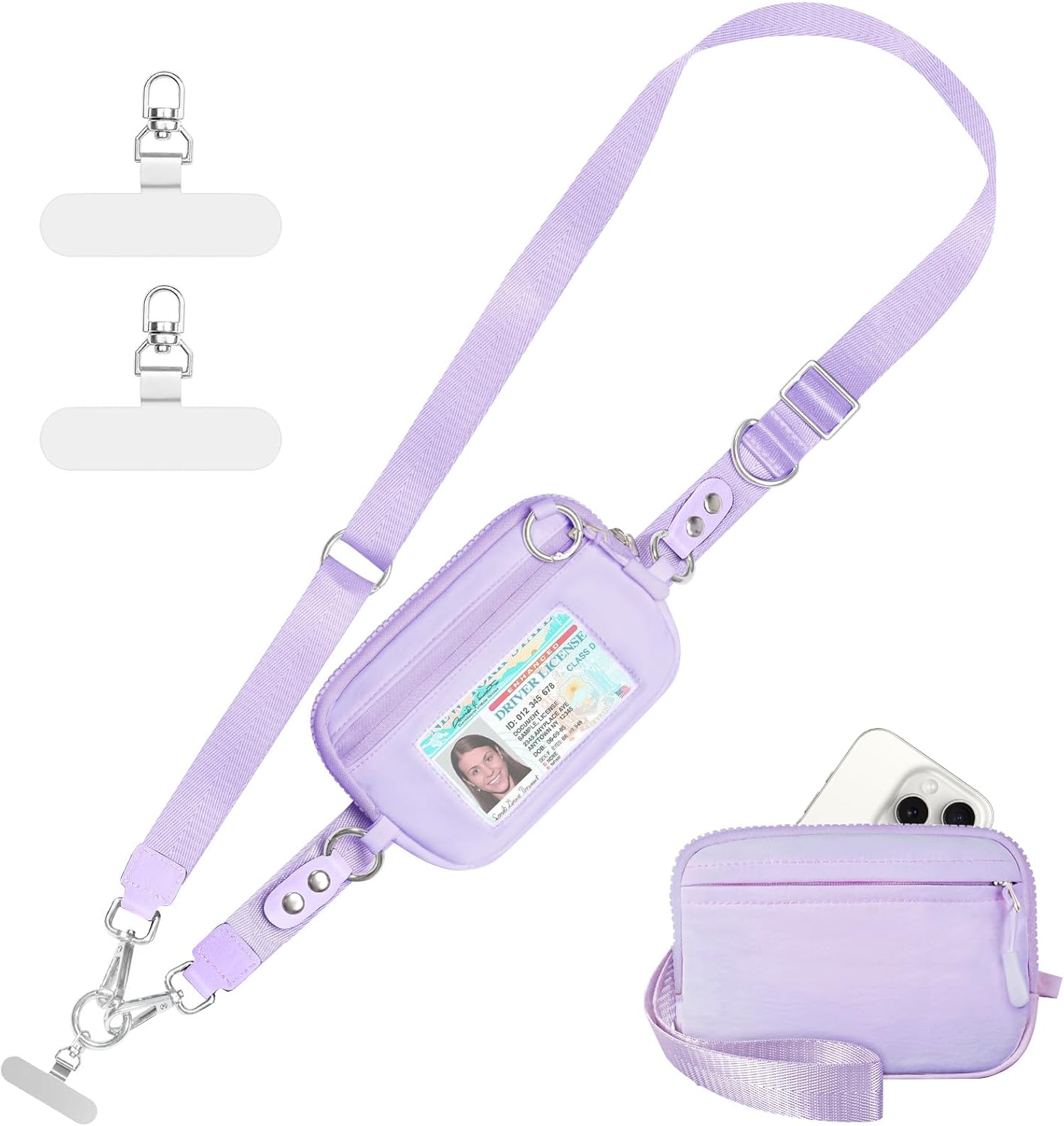 Clip and Go Strap for Phone with Wallet Crossbody Phone Lanyard Adjustable and Detachable RFID Wristlet Wallet with ID Window and Zipper, Purple Large.