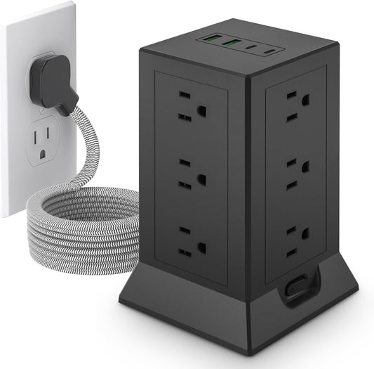 Power Strip Tower with Multiple Outlets, 6.5 Ft Extension Cord Flat Plug with 12 AC Outlets 4 USB Ports (2 USB C), Power Tower Surge Protector with Individual Switches for Home Office Dorm Room, Black