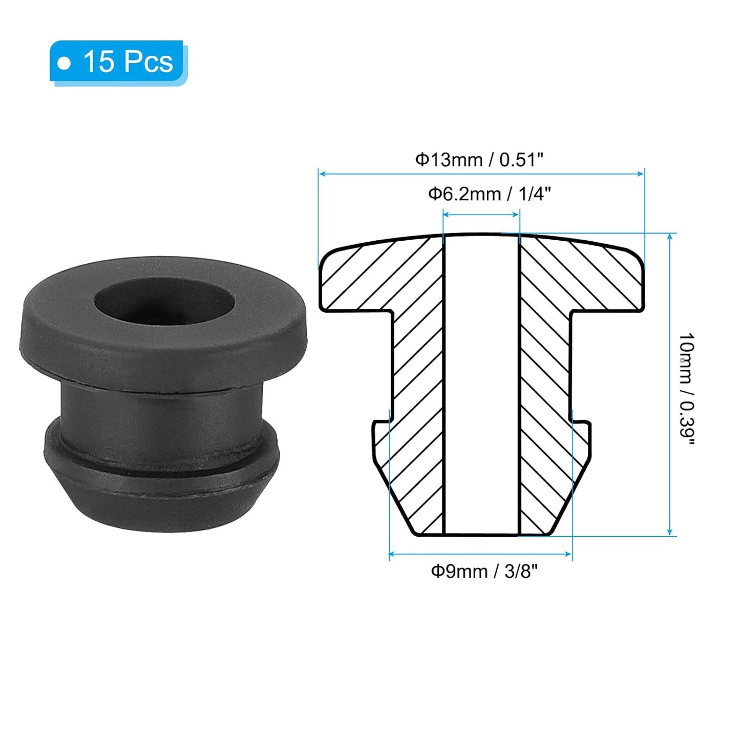 PATIKIL 9mm / 3/8 Inch Drill Hole,1/4 Inch ID Rubber Grommets, 15Pcs Top Hat Grommet for Wiring Eyelet Ring Gasket Automotive Firewall Cable Hole Plugs Wires Protection, Black