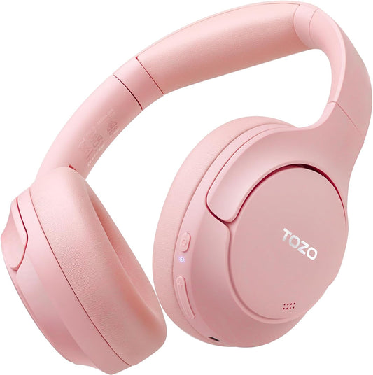 TOZO HT2 Hybrid Active Noise Cancelling Headphones, Wireless Over Ear Bluetooth Headset, 60H Playtime, Hi-Res Audio Custom EQ via App Deep Bass Comfort Fit Ear Cups, for Home Office Travel Pink