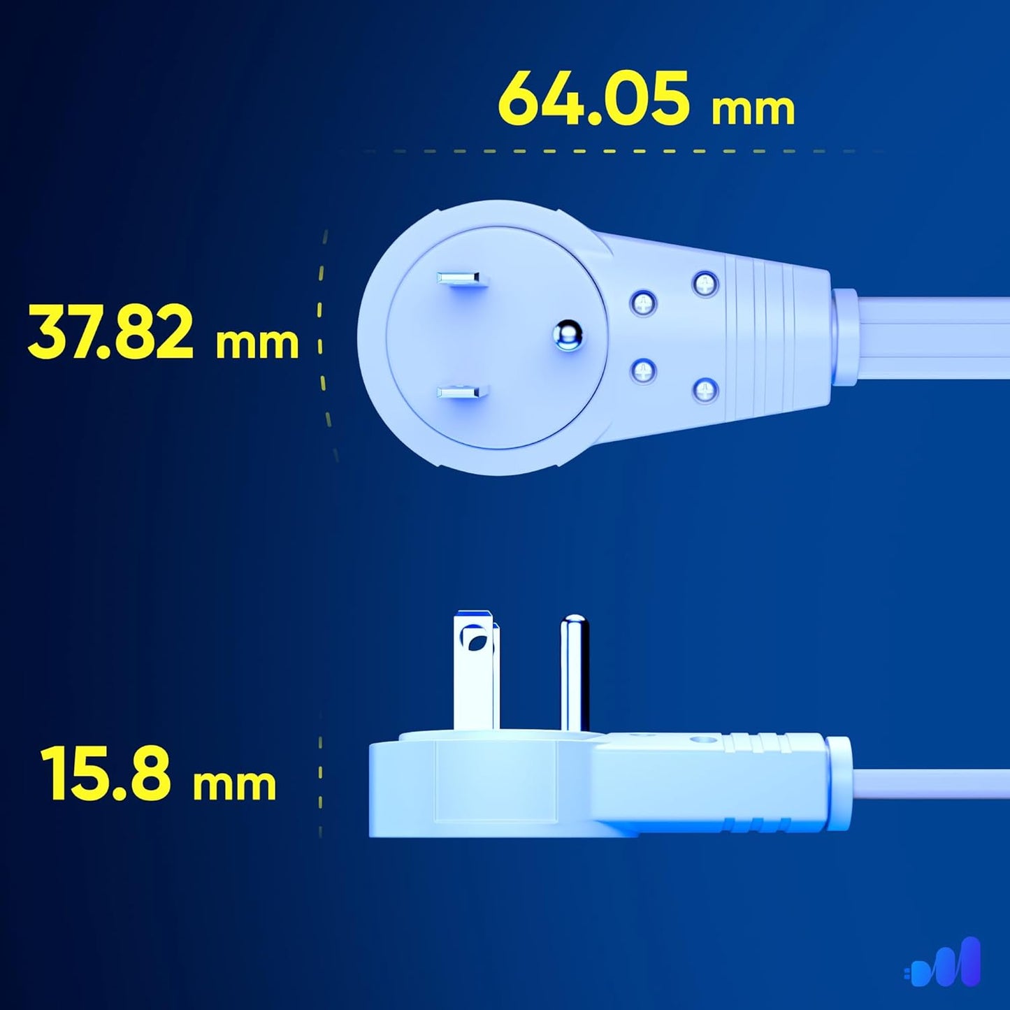 Maximm Cable 1 Ft 360° Rotating Flat Plug Extension Cord/Wire, 16 AWG Multi 3 Outlet Extension Wire, 3 Prong Grounded Wire - White - UL Certified