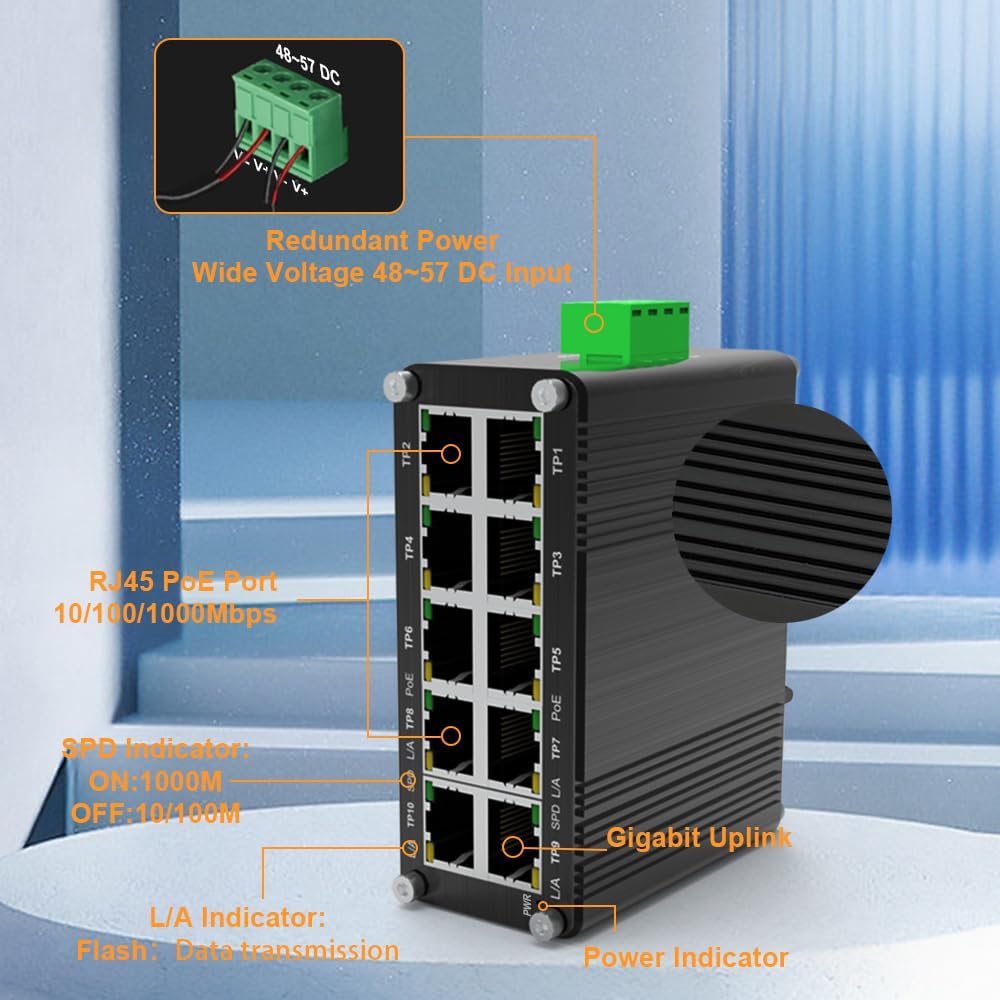 Mini Industrial 8-Port 10/100/1000T 802.3at PoE + 2-Port 10/100/1000T Din Rail Mount Compact Ethernet Switch, 48~57V DC Unmanaged Network Switch 20Gbps Switching Capacity