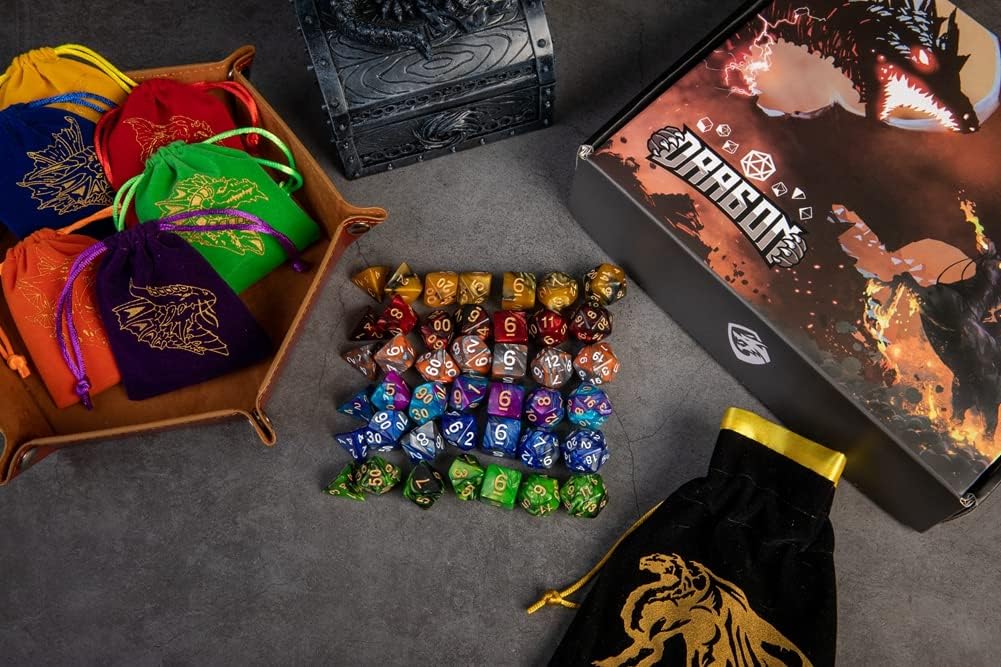 DND Dice Set 42 Pcs Polyhedral Dungeons and Dragons Rolling Dice for D&D RPG MTG Table Games Dice Bulk with Colorful Drawstring Bags and Dice Tray (Double-Color)