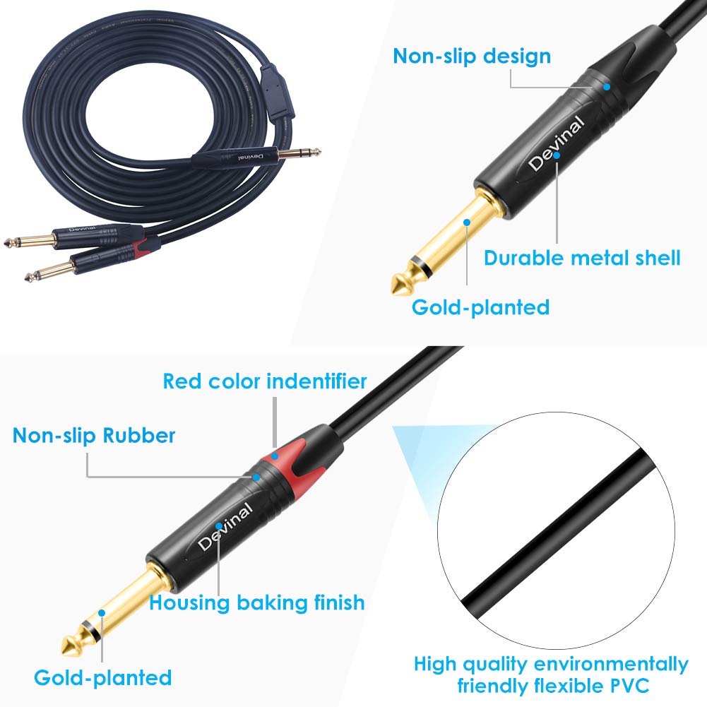 Devinal 1/4 to Dual 1/4 Y-Splitter Cable, 6.35mm TRS to Dual 6.35mm TS Insert Cable Cord, Quarter inch Stereo to 2 Quarter inch Mono Send and Return Patch Cord 10 Feet