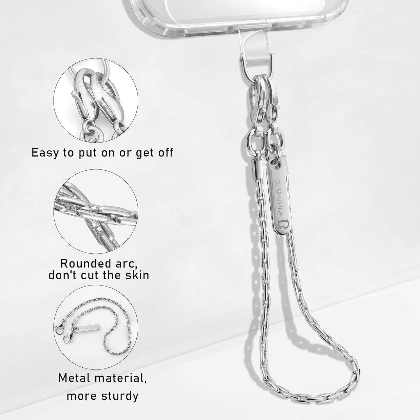 Metal Phone Chain, Crossbody Detachable Phone Lanyard with 1*Wrist Strap & 2* Tether Tabs for iPhone and Smartphones (Pale Silver,Extend)