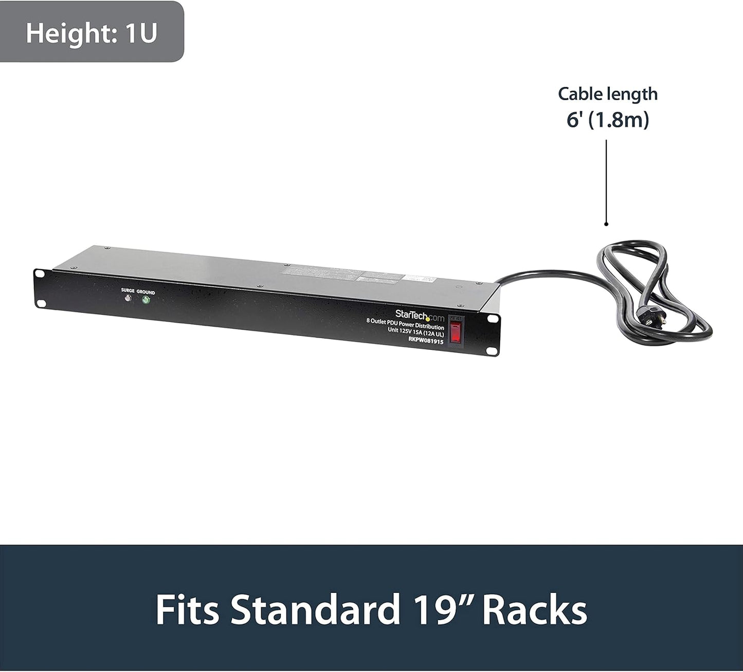 StarTech.com 8 Outlet Horizontal 1U Rack Mount PDU Power Strip for Network Server Racks - Surge Protection - 120V/15A - w/ 6ft Power Cord (RKPW081915)