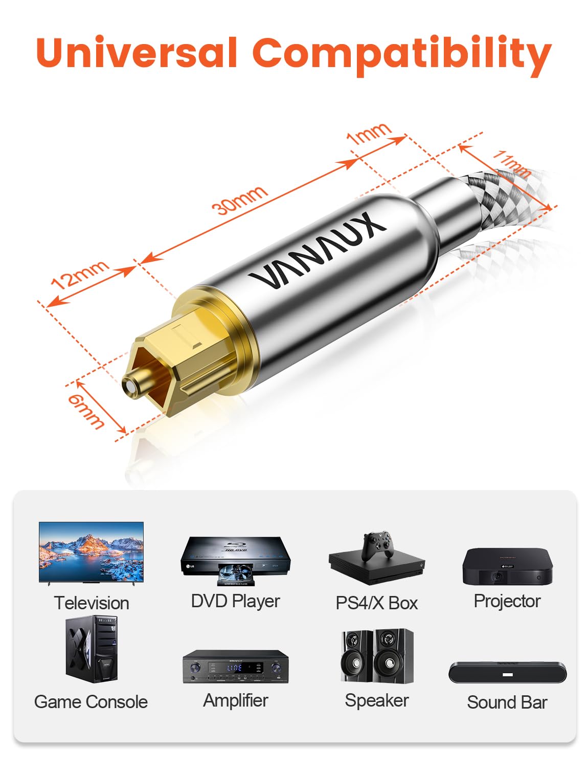 VANAUX 33FT Digital Optical Audio Cable (24K Gold Plated Connectors, Aluminum Alloy Shell, Braided Jacket) S/PDIF Toslink Cable for Home Theater, Soundbars, Gaming Consoles