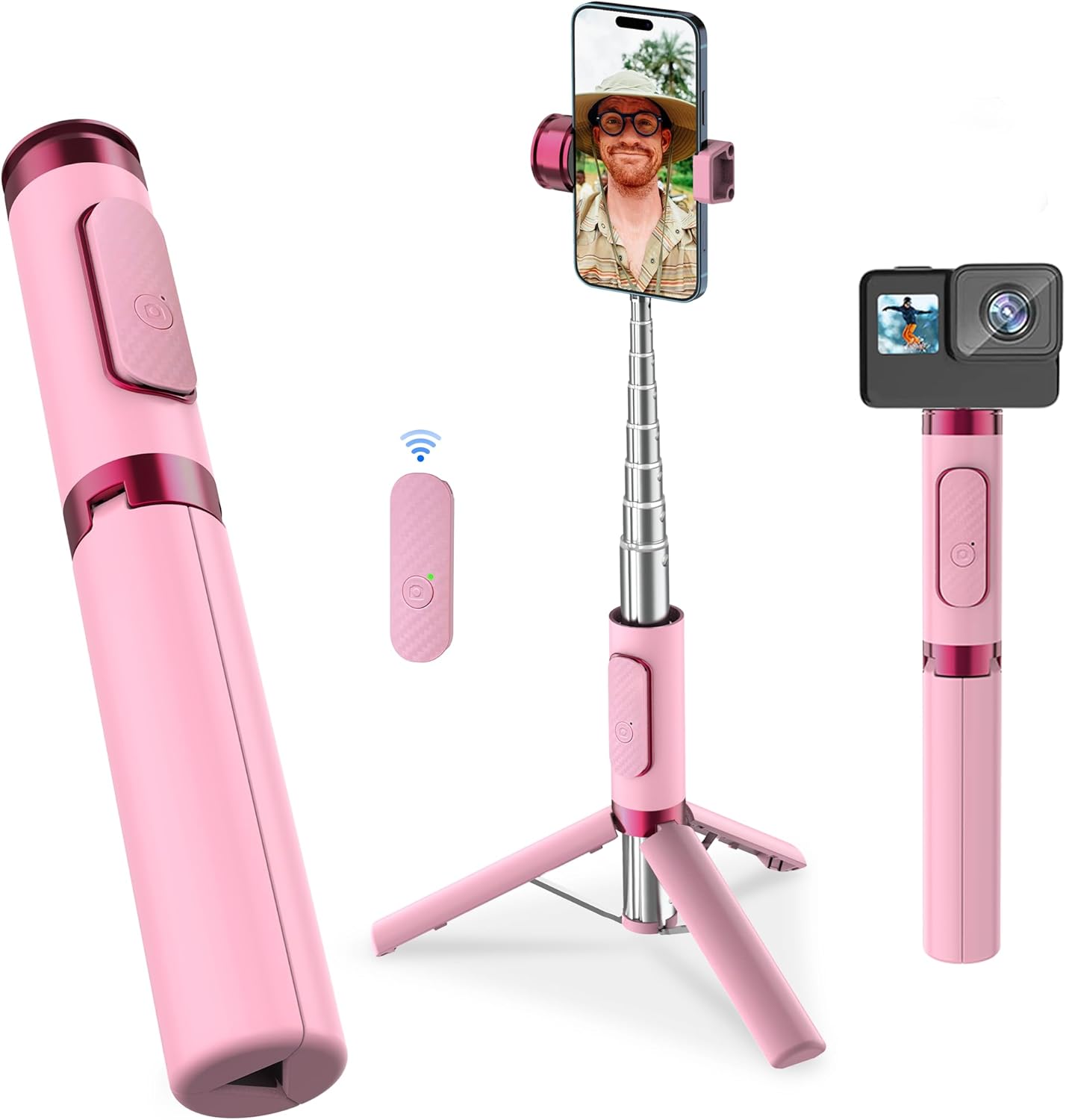 Selfie Stick Tripod, Foldable Cellphone Tripod with Remote for Group Selfies/Live Streaming/Video Recording, for iPhone Series Android, Pink