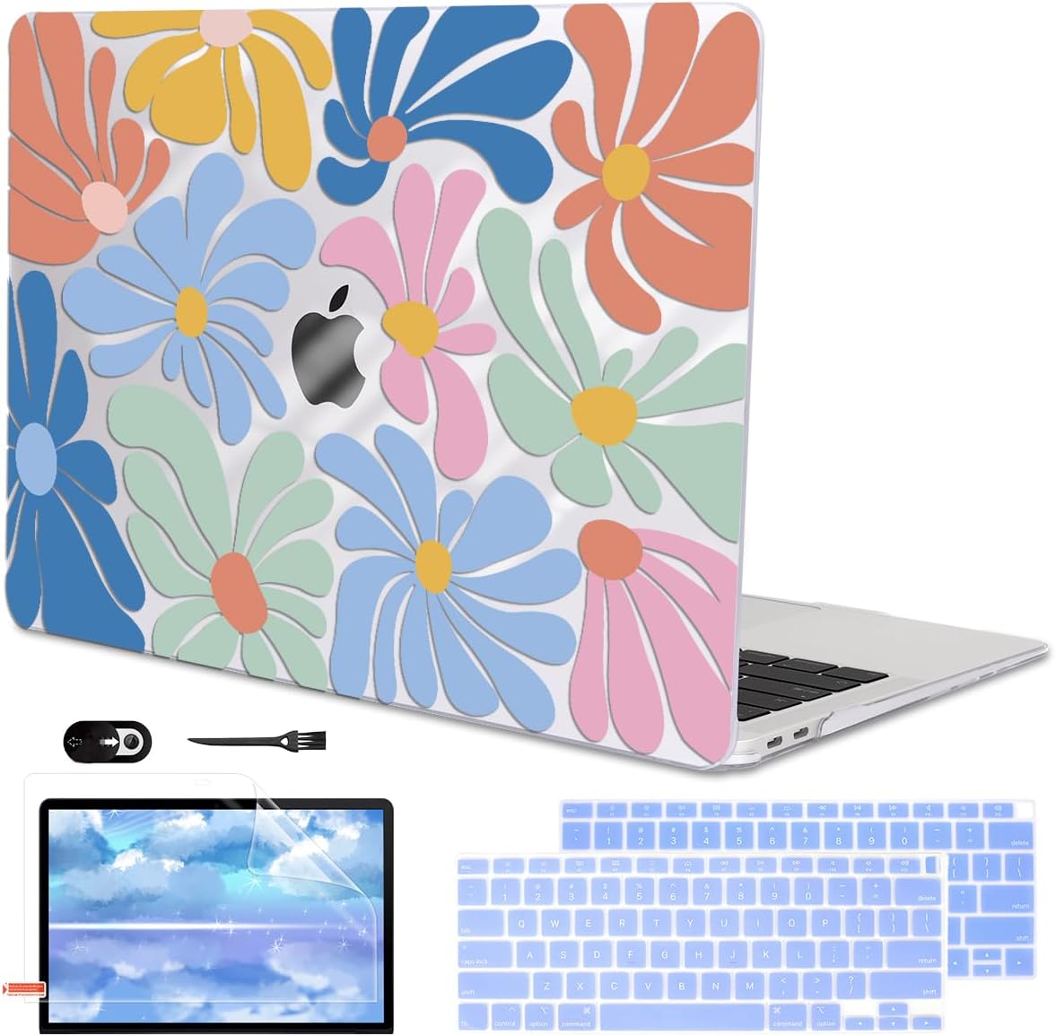 for MacBook Air 13 inch Case 2021 2020 2019 2018 A2337 M1 A2179 A1932 Cover with Touch ID, Crystal Plastic Printed Pattern Hard Shell Case Keyboard Skin Screen Protector, Colorful Flowers