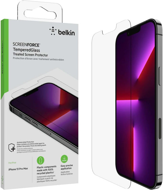 Belkin iPhone 14 Plus, iPhone 13 Pro Max Screen Protector TemperedGlass, AntiMicrobial-Treated, Easy Application Bubble Free with Included Guide Stickers