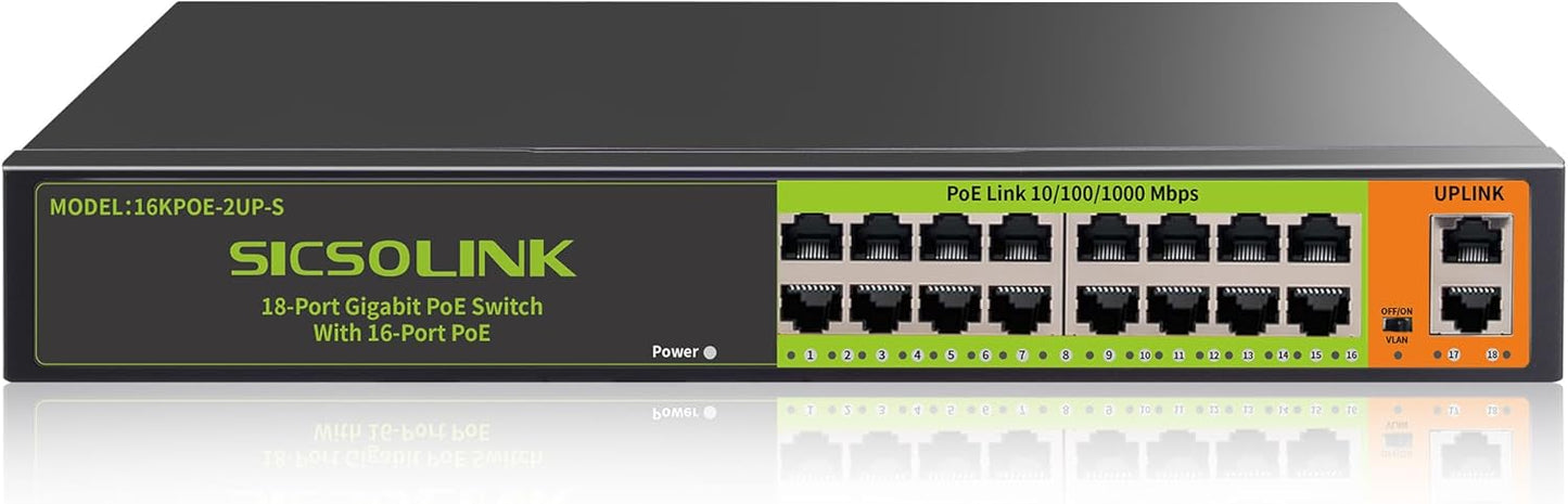 18 Ports PoE Switch, 16 Gigabit PoE+Switch with 2 Gigabit Uplink, 1000 Mbps, Fanless Silent Operation, 250W, 802.3 af/at, Unmanaged, 19''Rackmount, Qos, Suitable for POE Camera System, AP, WiFi