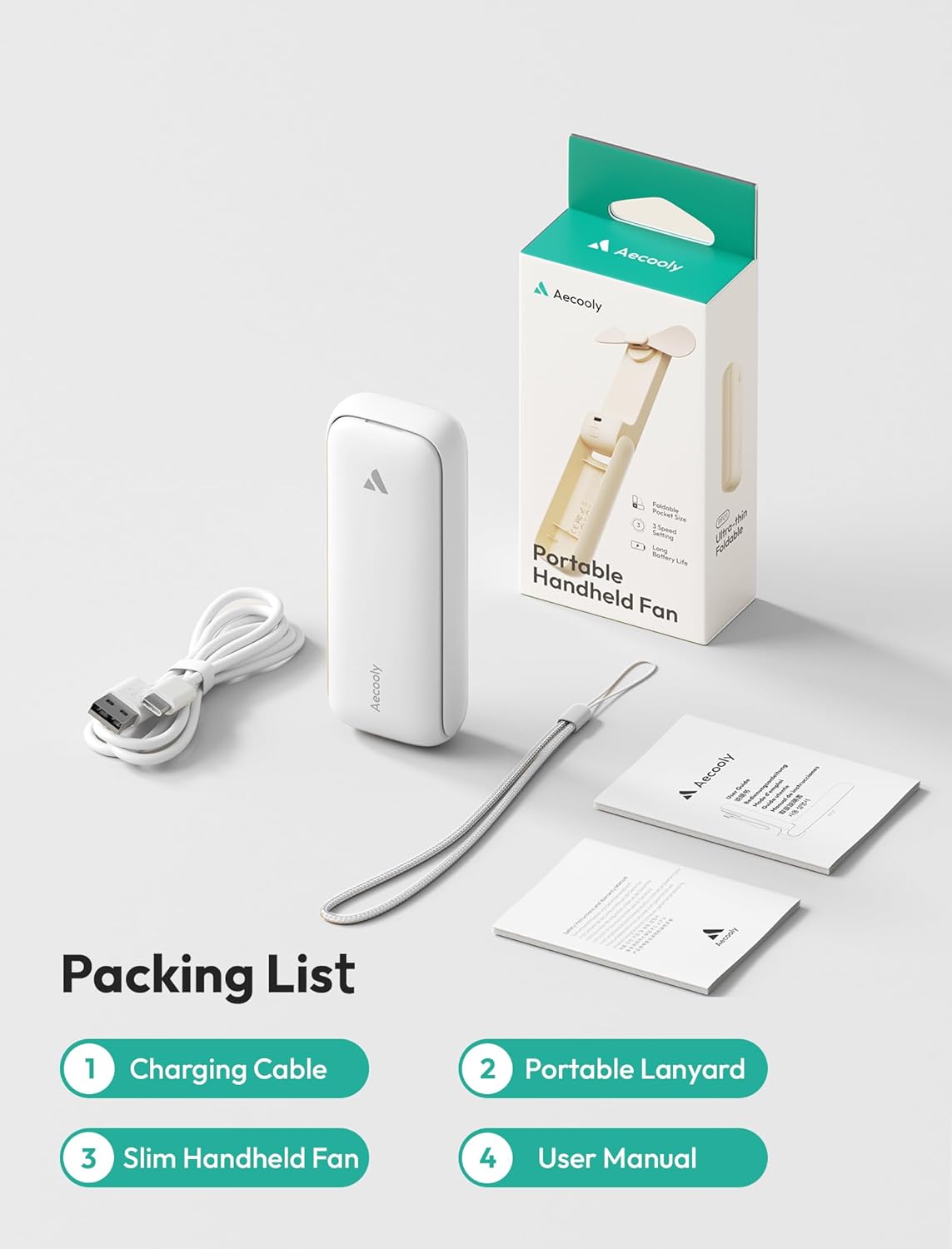 Aecooly Slim Portable Fan, Thin Handheld Fan, USB Rechargeable Mini Personal [24H Max Cooling Time], Battery Powered Small Foldable Pocket for Travel, Summer, Gifts for Women, Girls -White