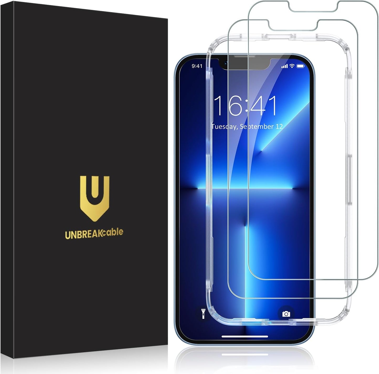 UNBREAKcable Screen Protector for iPhone 16e/iPhone 14/ iPhone 13/13 Pro, Shatterproof Tempered Glass [99.99% HD Clear] [9H Hardness] [Easy Installation Frame] for iPhone 6.1" - 2 Pack