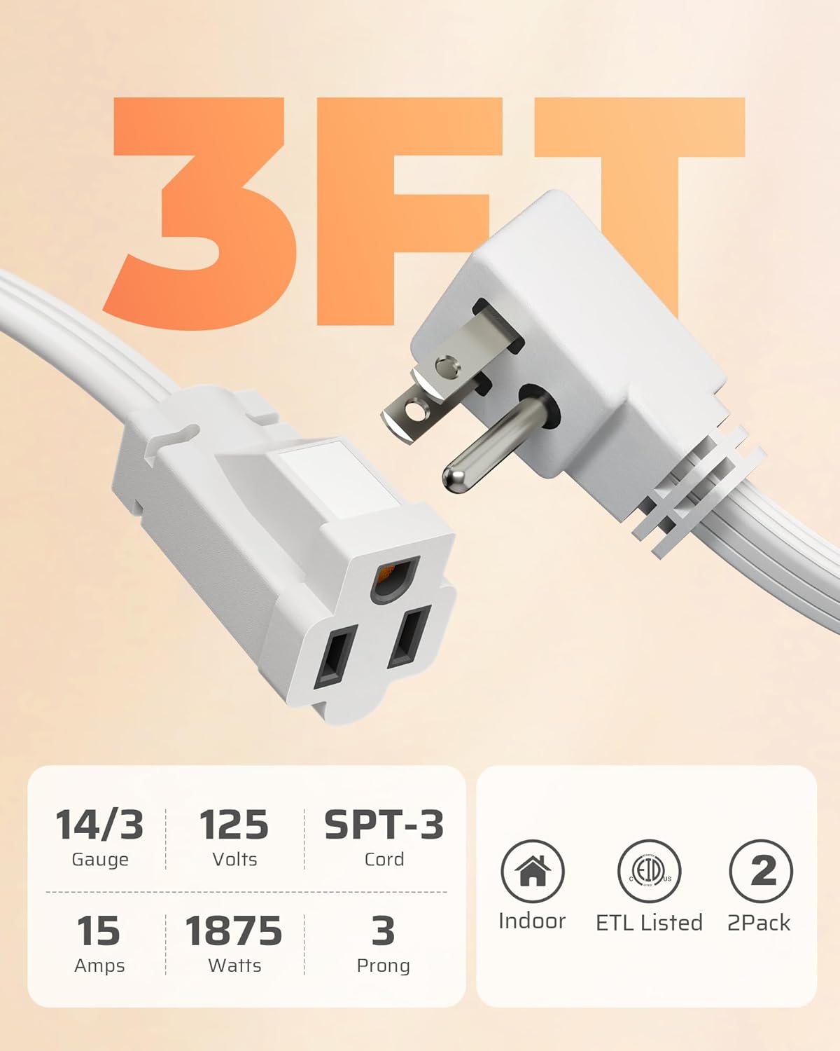DEWENWILS Heavy Duty 3FT Extension Cord with 3-Prong Flat Plug, 15A/1875W 14/3 SPT-3 Flat Wire, Space Saving for Home Office Appliances & Electronics, ETL Listed, 2 Pack, White