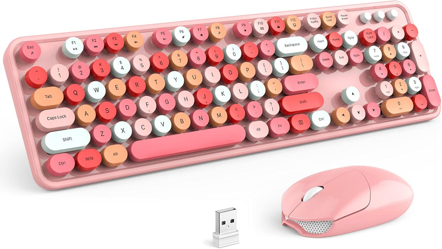 KNOWSQT Wireless Keyboard and Mouse Combo, Pink Colorful 2.4G Typewriter Full-Size Cute Keyboards - USB Receiver Plug and Play, for Computer, PC, Laptop, Desktop, Windows