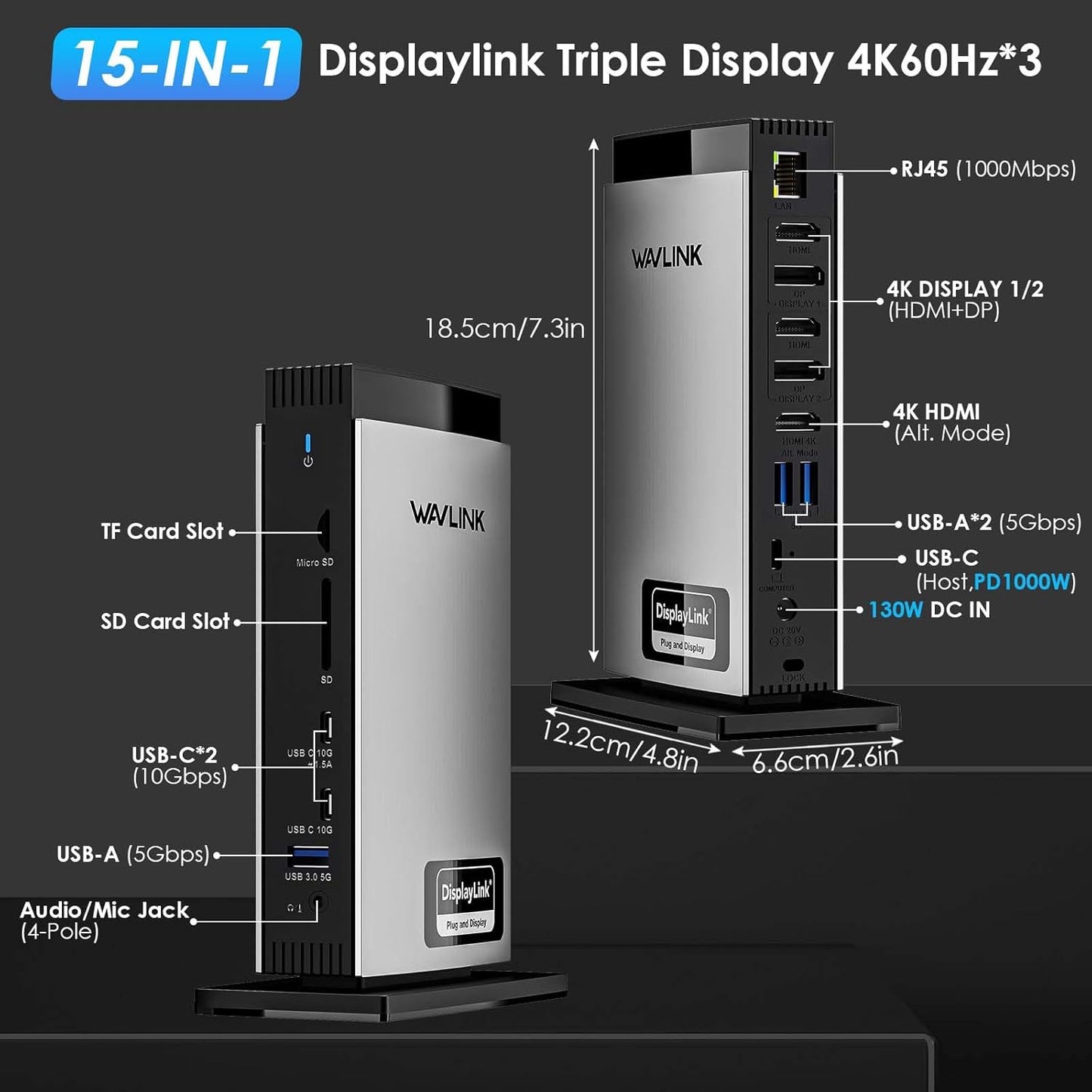 WAVLINK USB C DisplayLink Docking Station 15 in 1 with 3 HDMI,Laptop Docking Station Triple Monitor 4K60Hz,for M1 M2 M3 Mac and Windows,5 USB Ports, 2DP,Ethernet Port, Audio/Mic, SD/TF