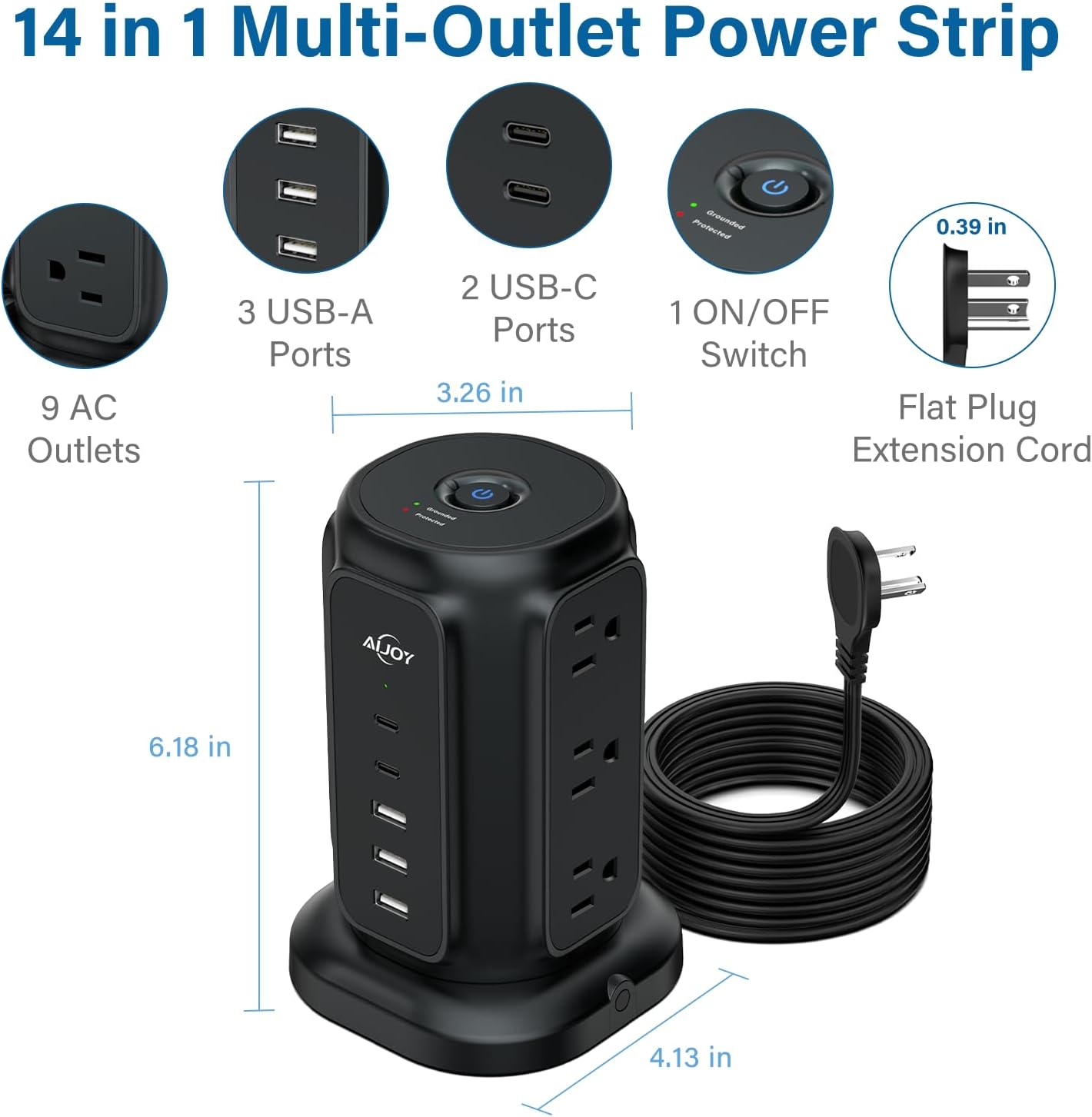 AiJoy Flat Plug Power Strip Tower with 9 Outlets and 5 USB Ports (2 USB-C), 1200J Surge Protection, 1625W Extension Cord with Multiple Outlets Charging Station for Home Dorm Office Supplies