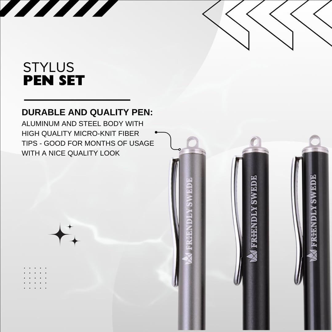 The Friendly Swede Mesh Tip Stylus Pen for Touchscreen — 3-Pack Micro-Knit Capacitive Stylus Pen for iPad & iPhone with 3 Replaceable Fiber Tips, Elastic Lanyards & Screen Cleaning Cloth