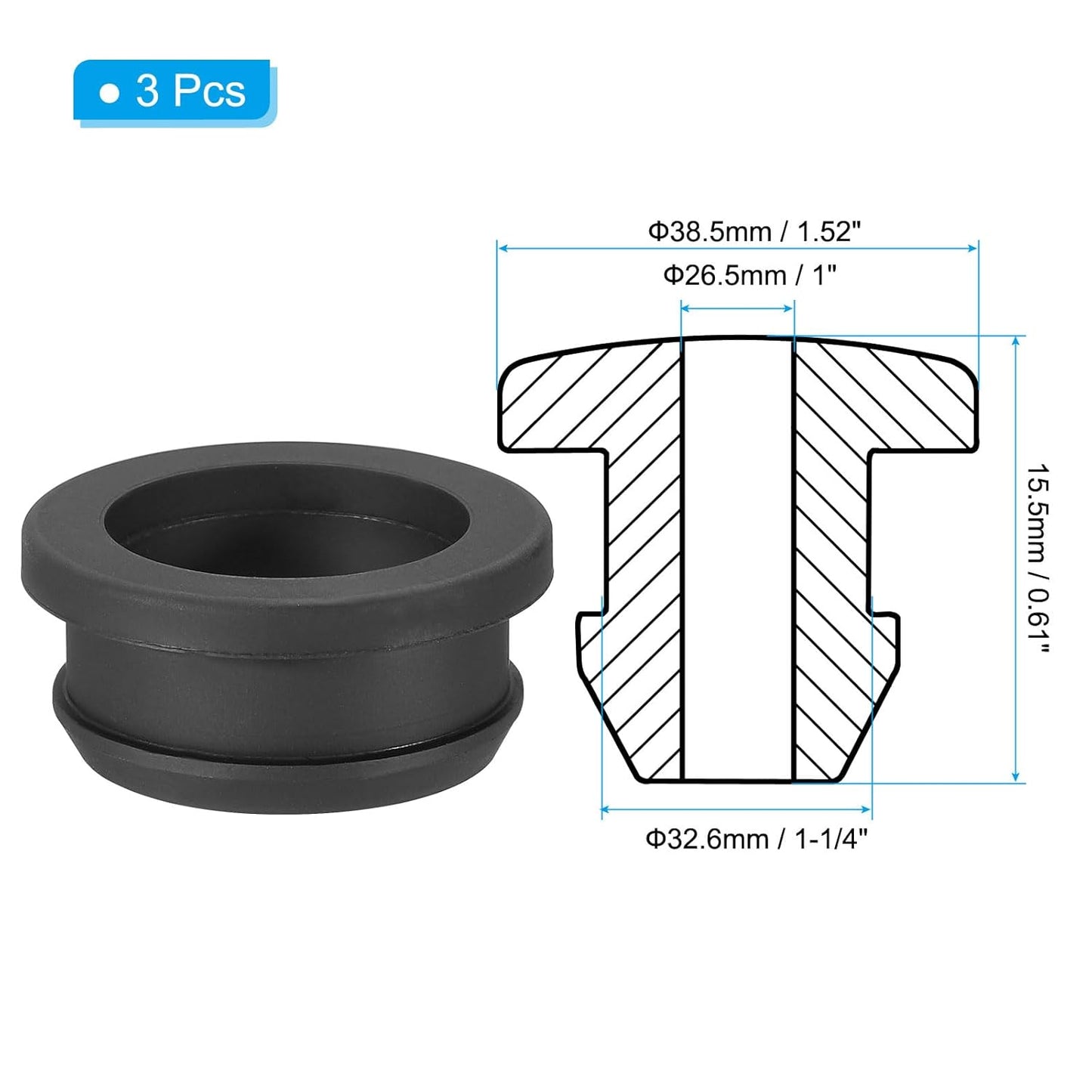 PATIKIL 32.6mm / 1-1/4 Inch Drill Hole,1 Inch ID Rubber Grommets, 3Pcs Top Hat Grommet for Wiring Eyelet Ring Gasket Automotive Firewall Cable Hole Plugs Wires Protection, Black