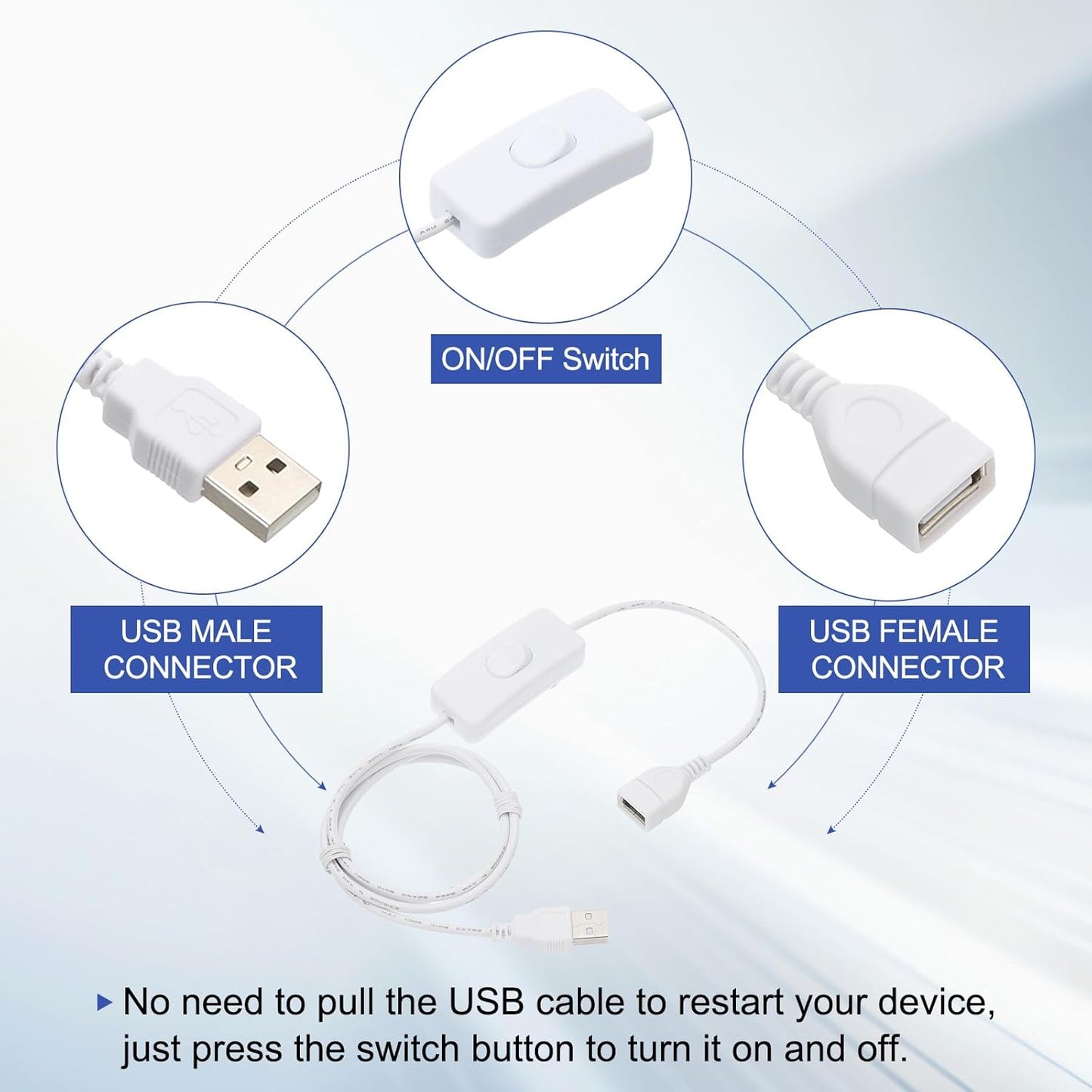 MECCANIXITY USB Extension Cable with ON/Off Toggle Switch 1m USB Male to Female Extension Cord for Desk Lamp Fan LED Light Strip White Pack of 1