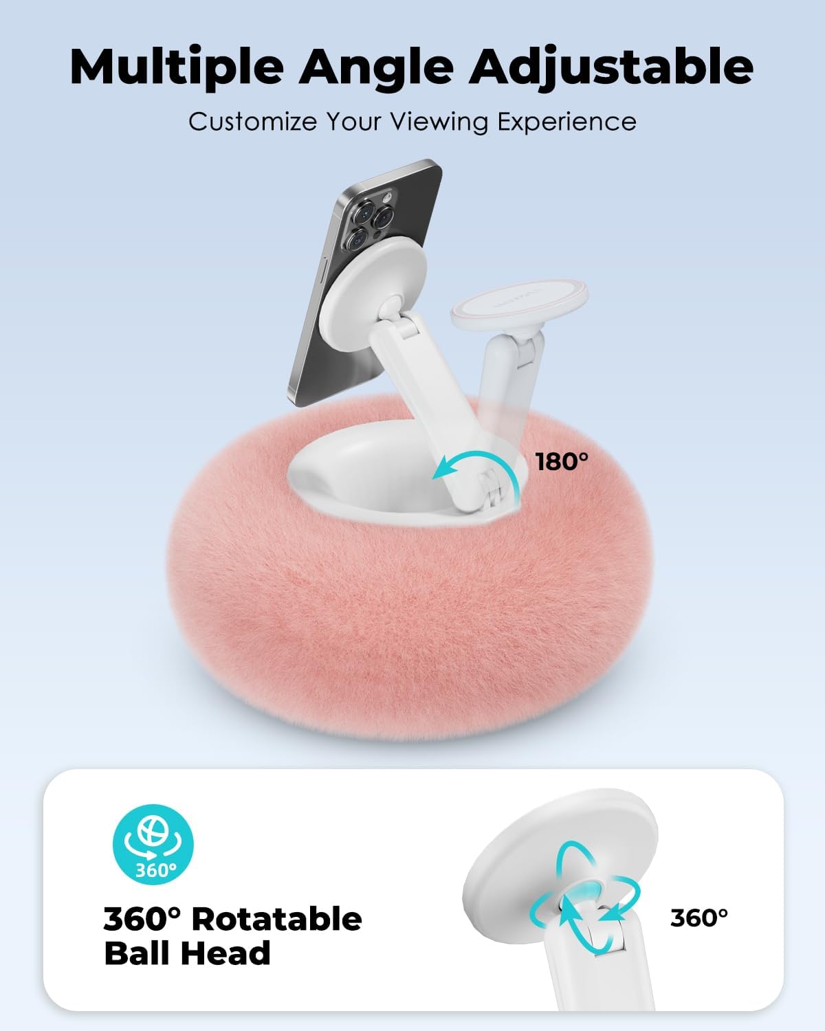 Viozon Phone Holder for Bed, Magnetic Pillow Stand, Compatible with 4-7" Phone/Kindle with Small Storage, Removable Suction Base for Stability, Idea for Kindle Reading and Video Watching On Bed,Pink