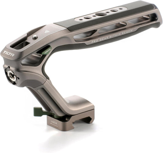 Tilta Xeno Top Handle for Filmmakers & Cameras - Titanium Gray | Aluminum Alloy and Silicone Build | 1/4″-20 and 3/8″-16 Threads w/Locating Points | Safety Release Pin | Comfortable Handling (NATO)