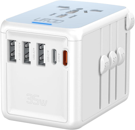 Universal Travel Adapter 35W PD Fast Charging Offers 3X2.4A USB-A Ports, 2X USB-C Ports and Multi AC Outlet, International Plug Converter Worldwide Travel Charger All in One for EU US UK AUS