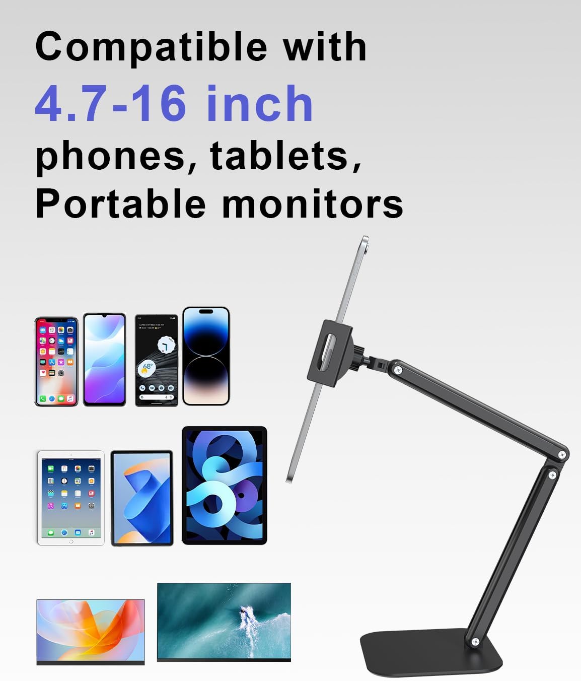 Tablet Stand for iPad, Aluminum Multi-Angle Adjustable Tablet Holder, Heavy-Duty Metal Base for Desk, Compatible with 5.1''-13'' iPad Pro, Surface, Kindle, Tablets, Portable Monitors and More