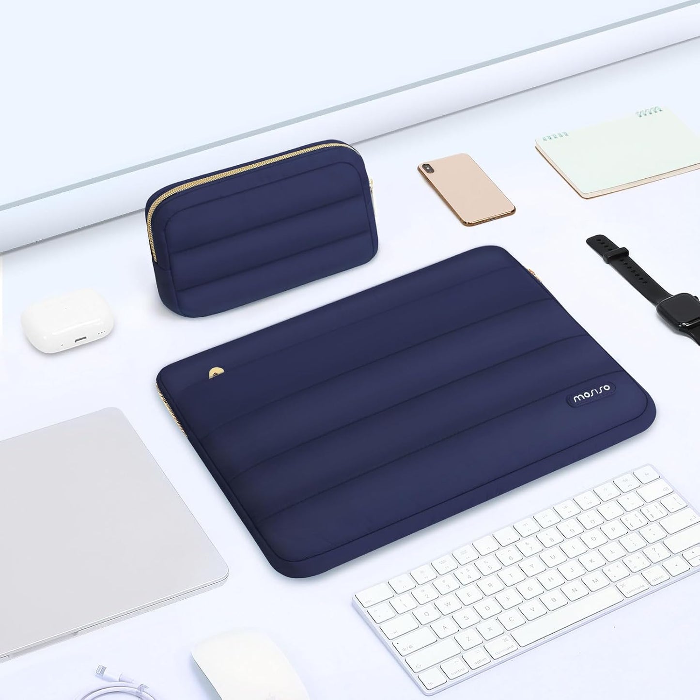 MOSISO 13.3 inch Laptop Case, 13-13.3 inch Puffy Laptop Sleeve Compatible with MacBook Air 13 13.6 M4 M3 M2 M1/Pro 13/Pro 14, HP Dell ASUS Lenovo,Polyester Horizontal Bag with Small Case, Navy Blue