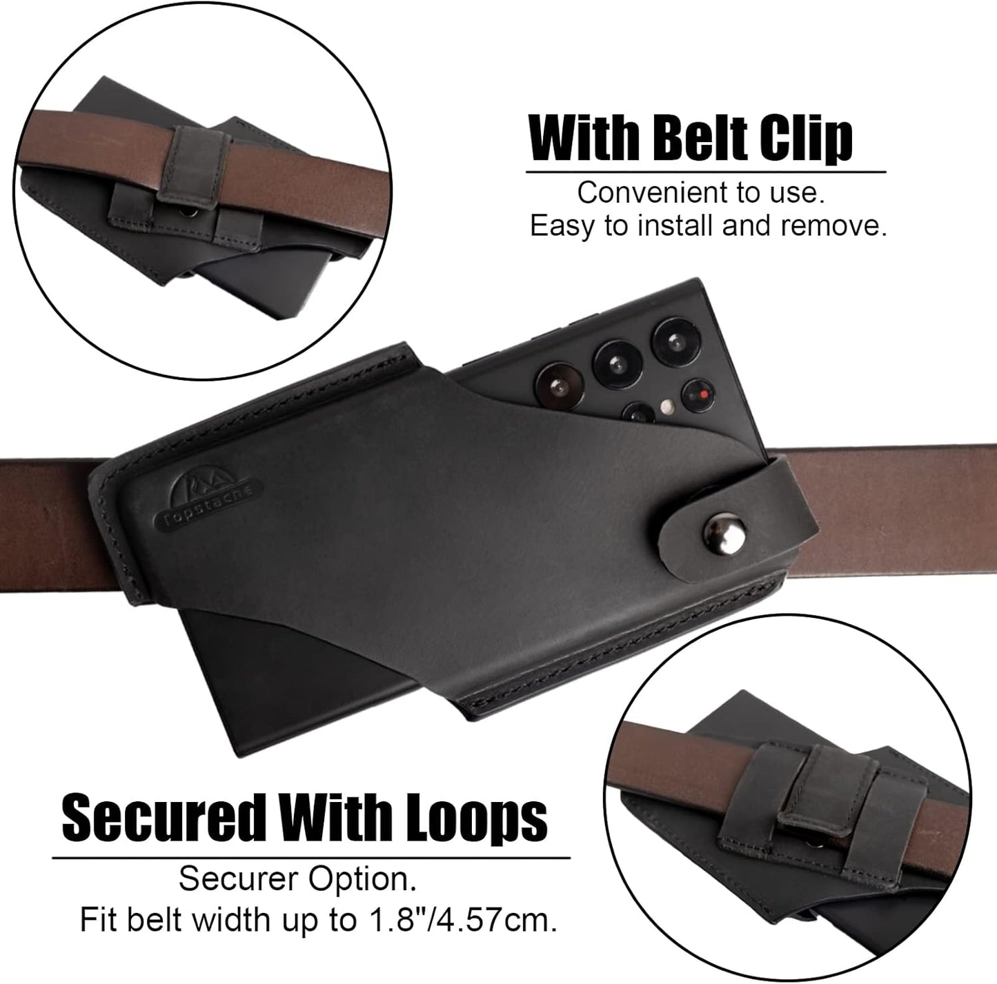 Topstache Leather Belt Phone Holster with Magnetic Closure, Case for iPhone & Samsung, Black, Large