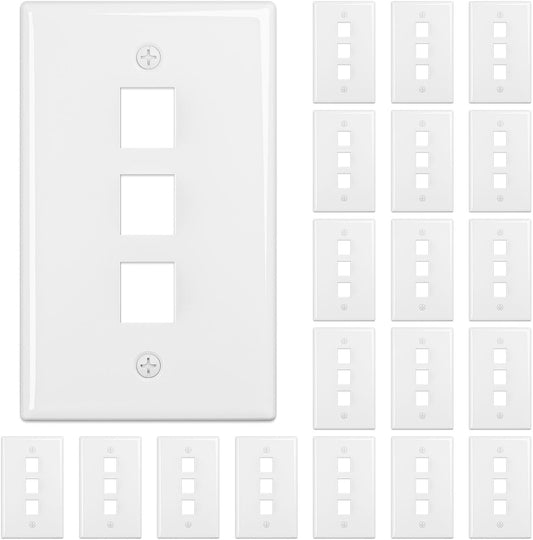 FGB 3-Port Keystone Wall Plate 20-Pack, Low-Profile Single Gang Wall Plates for RJ45, HDMI, and Coax Keystone Inserts, White