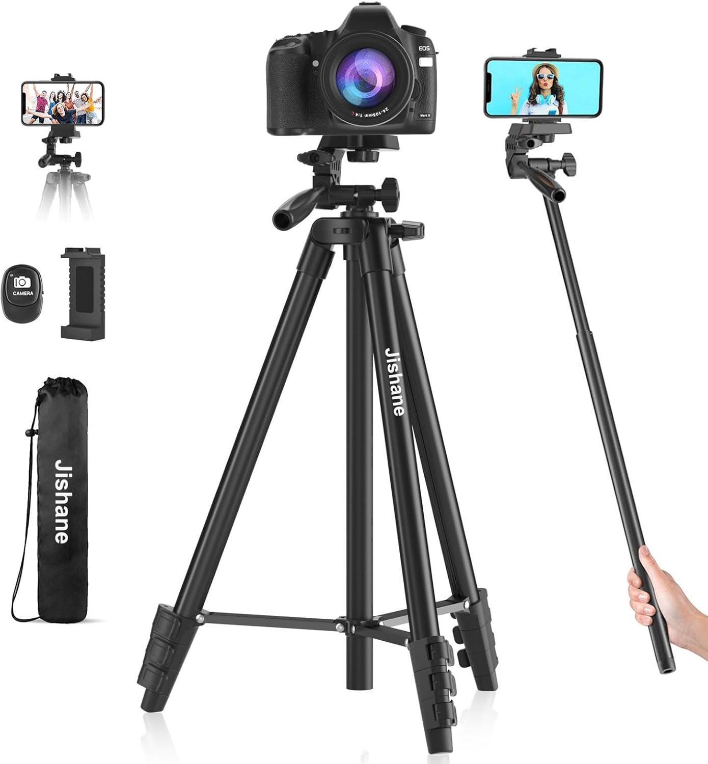 71" Camera Tripod, Versatile Cell Phone Tripod with Wireless Remote Phone Holder and Carry Bag, Lightweight Portable Camera Tripod Stand Compatible with Smartphone Cameras, Max Load 6.6 lbs