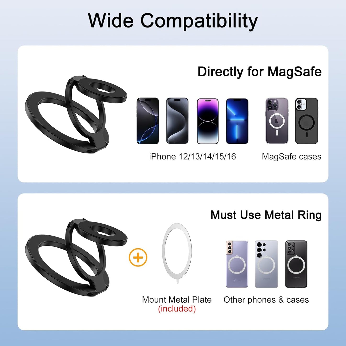 3-Fold Magnetic Phone Ring Holder, Double-Sided MagSafe Phone Grip & Stand, 360° Rotatable Kickstand for iPhone 16/15 Pro Max,14/13/12 Series,for Magnetic Car Mount, with Metal Ring for All Phones