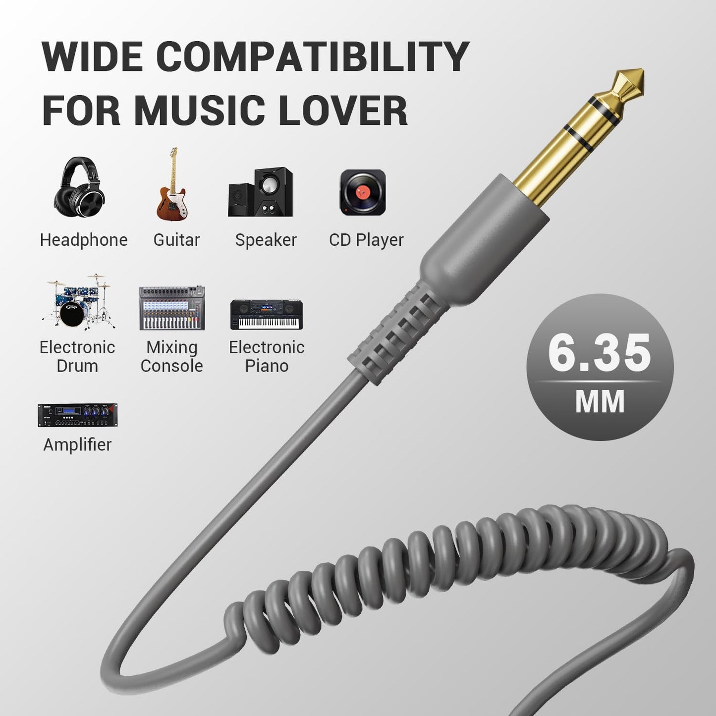 OneOdio 6.35mm to 3.5mm 6.6-9.8FT Stereo Adapter Cable Compatible with AMPs, Electronic Keyboards, Mixers, Guitars and Pro10/Pro30/Pro50 Headphones of OneOdio-Gray