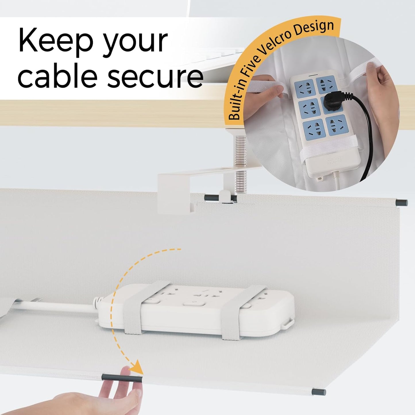 Under Desk Cable Management Tray 39.7" - No Drill Computer Wire Organizer Cable Tray, Cord Hider Clamp Mount with 16X Cable Ties PC Cables Management Cord Holder for Office/Home (Upgrade Fabric,White)
